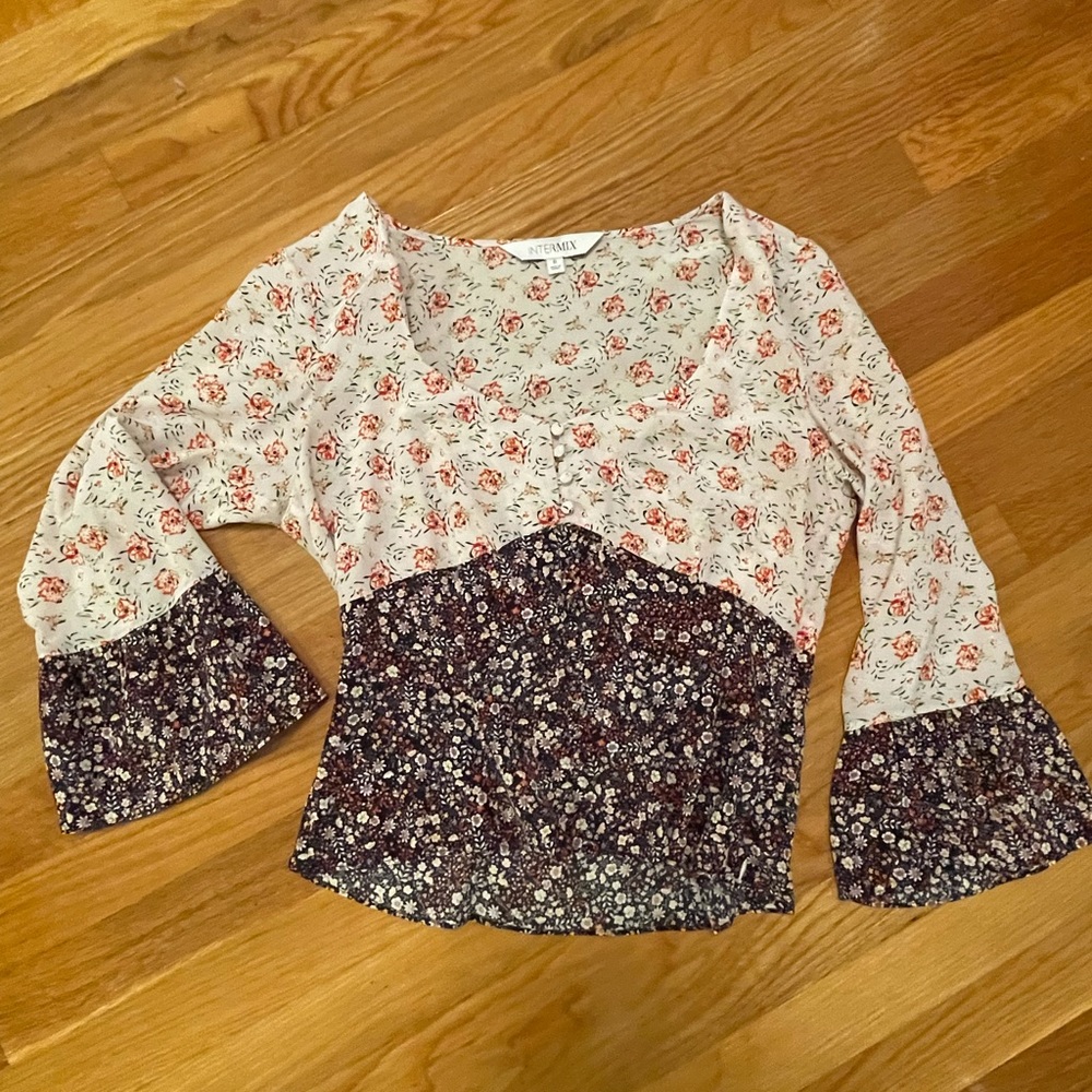 INTERMIX Doryll Floral Bell Sleeve Silk Blouse